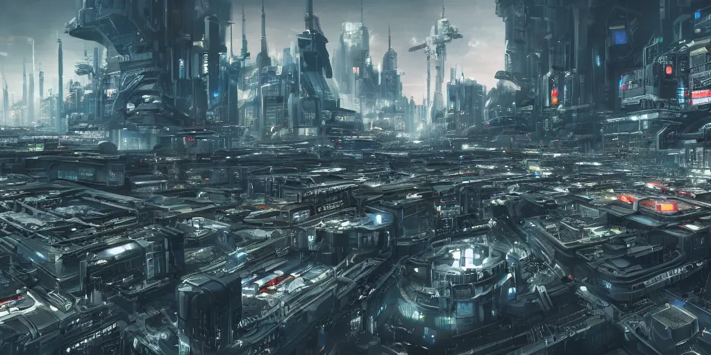 Prompt: a huge sci-fi factory where they make robots and weapons for the military, cyberpunk, art, high detail, high definition, 8k,