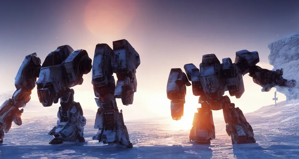 Image similar to mechwarrior standing in a vast, icy landscape, snow, blizzard, sunset, atmospheric, by artgerm, 8 k, octane render, unreal engine, artstation, concept art