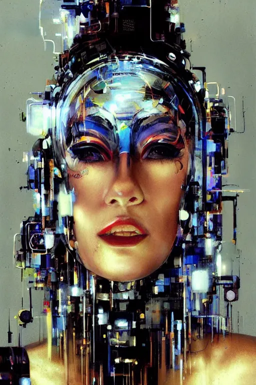Image similar to portrait, headshot, digital painting, an beautiful techno - shaman lady in circuit electronic mask, realistic, hyperdetailed, chiaroscuro, concept art, art by john berkey