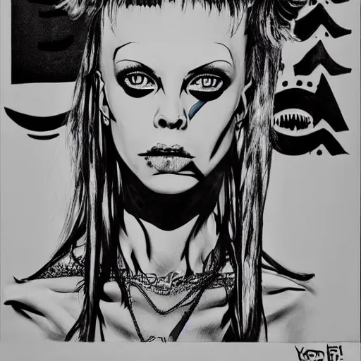 Image similar to die antwoord yolandi portrait, back and white, zef design graffiti in the background, dark lighting, freaky, digital art otomo katsuhiro