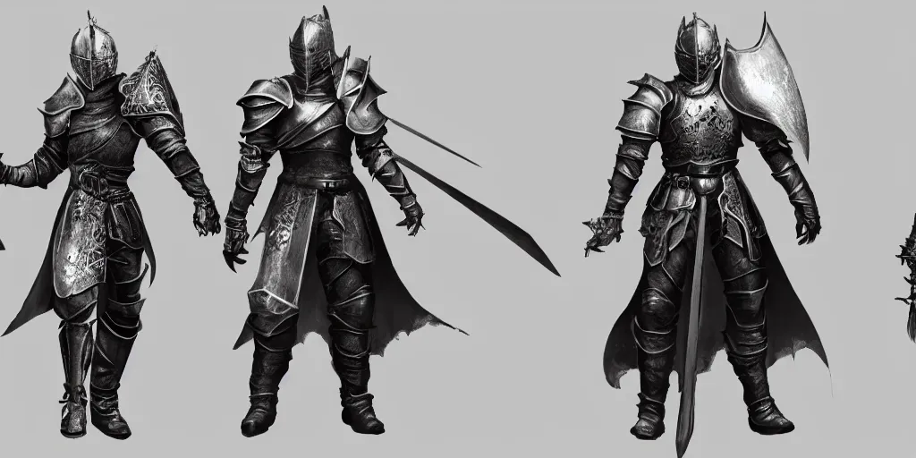 Prompt: RPG game character sheet for a character that looks like a knight, wearing armor, HDR, 4k, 8k, extremely detailed, final fantasy style, includes different angles of the character to use when they move around in the game