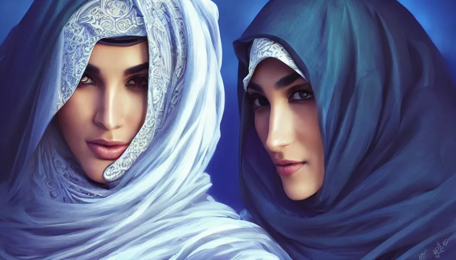 Image similar to Portrait of very very very very very very beautiful Arab woman wearing a Niqab, glowing magical eyes, energy trails, under giant full moon in the desert, intricate, elegant, highly detailed, digital painting, artstation, concept art, smooth, sharp focus, illustration, art by artgerm and greg rutkowski and alphonse mucha