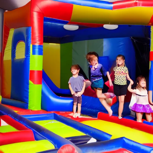 Image similar to a darkly lit indoor children's bounce house photo taken with a deposable camera limital space