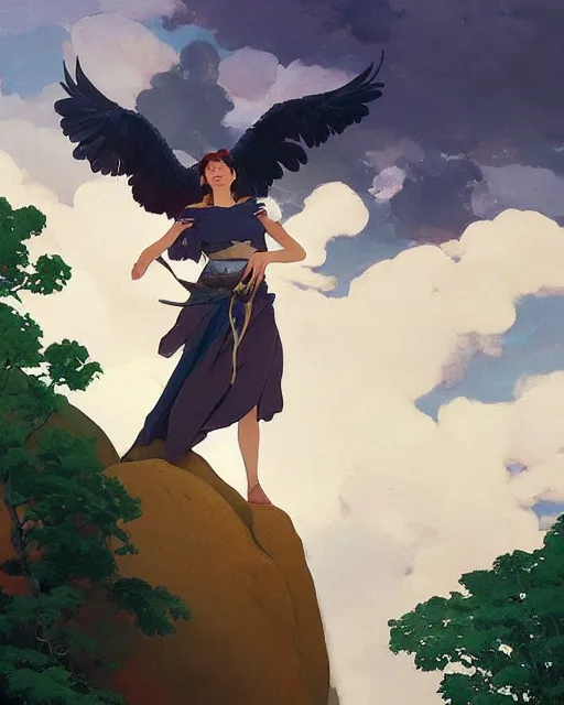 Prompt: a female anthropomorphic eagle warrior standing heroically on a rock. trees. atmospheric lighting, stunning, brave. Eagle girl. by studio ghibli painting, clouds, wide angle , low-angle shot, by Joaquin Sorolla rhads Leyendecker, by Ohara Koson and Thomas Kinkade, traditional Japanese colors, superior quality, masterpiece