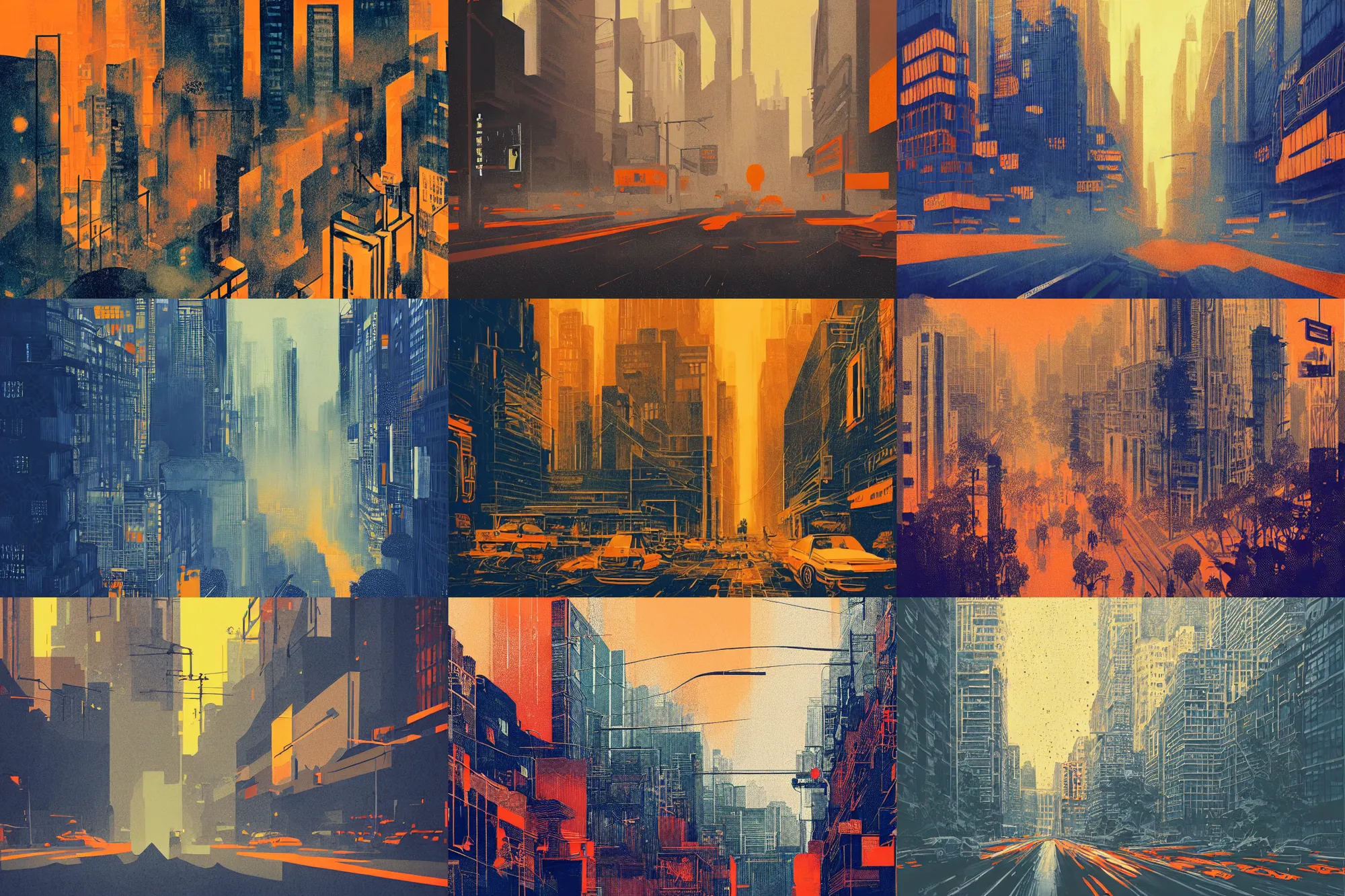 Prompt: portrait of a busy city street lush overgrowth many people, modern art deco, orange + blues + beige + black, mads berg, christopher balaskas, victo ngai, misty, fine texture, detailed, muted colors, dramatic lighting, dynamic composition, matte print, wide angle, moody, stippled light, very grainy texture