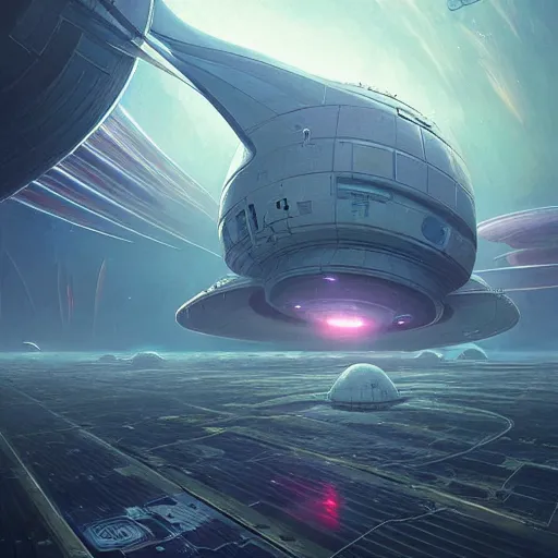 Image similar to professional ominous concept art of a sci - fi space ship touching down at a space station by artgerm and greg rutkowski. an intricate, elegant, highly detailed digital painting, concept art, smooth, sharp focus, illustration, in the style of simon stalenhag wayne barlowe, igor kieryluk.