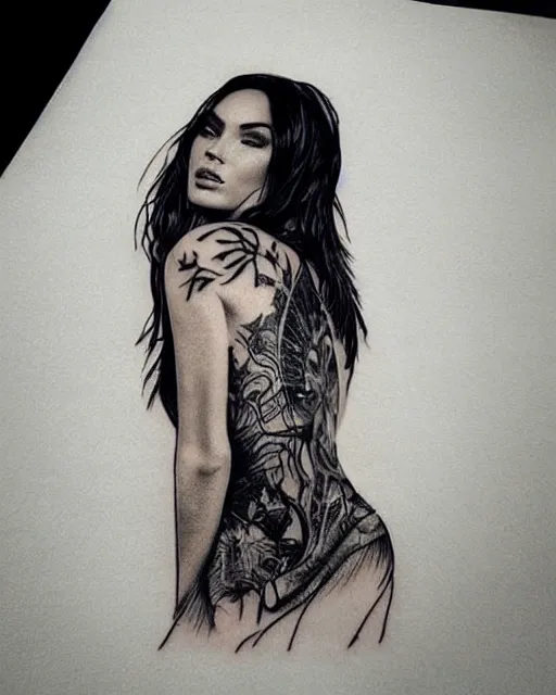 Prompt: double exposure effect tattoo design sketch of megan fox with beautiful mountains, realism tattoo, in the style of andrey lukovnikov, amazing detail, sharp, surrealist