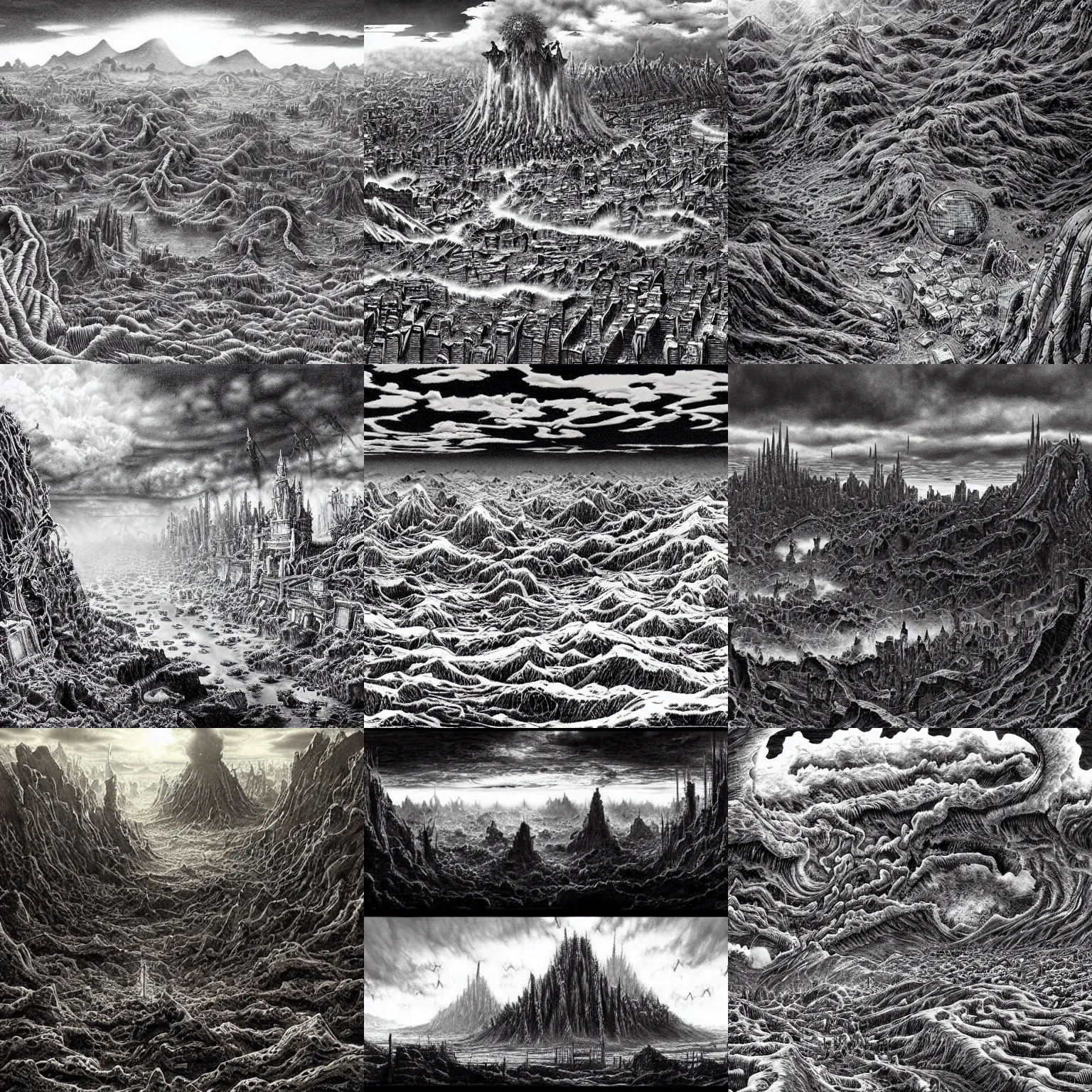 Prompt: a stunning apocalyptic landscape by kentaro miura, hyper-detailed, stunning quality