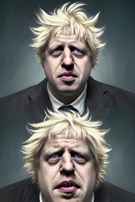 Image similar to Boris Johnson as crazy genius Rick Sanchez from Rick and Morty, unibrow, white robe, big eyes, realistic portrait, symmetrical, highly detailed, digital painting, artstation, concept art, smooth, sharp focus, illustration, cinematic lighting, art by artgerm and greg rutkowski and alphonse mucha