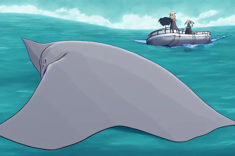 Prompt: cell shaded cartoon of a giant mechanized grey manta ray from howl's moving castle ( 2 0 0 4 ), in an icy river, full body, wide shot, very muted colors, post grunge, studio ghibli, highly detailed, deviantart, art by artgem