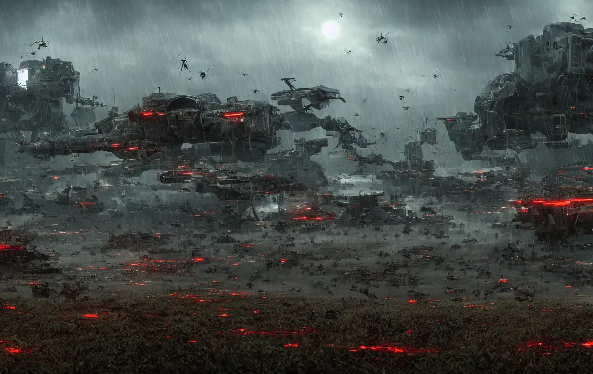 Image similar to view on wide battleground destructed landscape, with army of monstrous insects fighting futuristic human army, night, heavy rain, reflections, raytracing, raymarching, scattering, subsurface shading, vfx by weta digital, ilm and digital domain