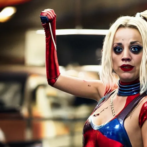 Image similar to A still of Kaley Cuoco as Harley Quinn