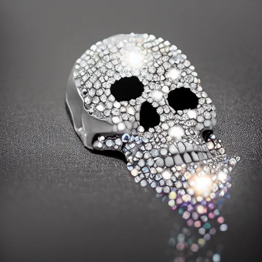 Prompt: jewelry skull made of holographic crystals, high contrast, close shot, commercial, studio light, dark background