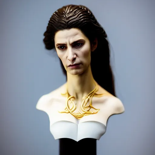 Image similar to photo taken of an epic intricate, ultra detailed, super realistic bust of a majestic gracious regal aristocratic brunette female vampire created by weta workshop, menacing, some zoomed in shots, photorealistic, sharp focus, white wall, extremely cold blueish colour temperature, 3 5 mm, f 1. 4, golden ratio