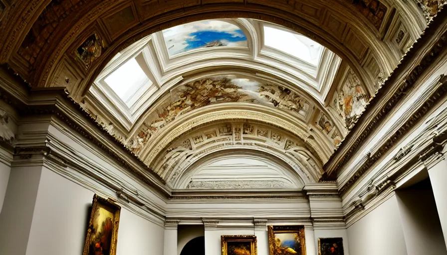 Prompt: museum of art, art gallery, fine art, realism, extreme detail, marble, stone, baroque paintings, sculptures, skylight