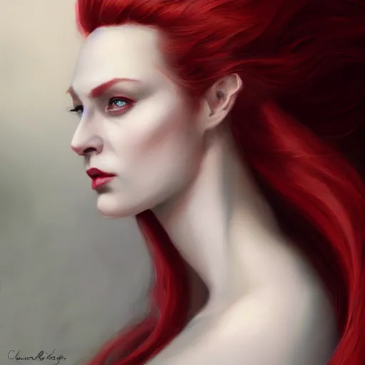 Image similar to a detailed matte head - on portrait painting of an middle - aged tiefling elegant and distinguished noblewoman with golden eyes and short long flowing red hair, by charlie bowater, lise deharme, wlop, tending on arstation, dungeons and dragon, dnd, pathfinder, fanart, oil on canvas