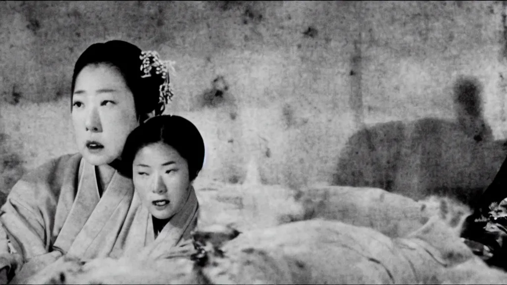 Prompt: shadow of a monstrous starfish behind a woman in hanbok sitting on a couch, traditional korean interior, in rashomon a kaiju - eiga monster movie by akira kurosawa and ishiro honda