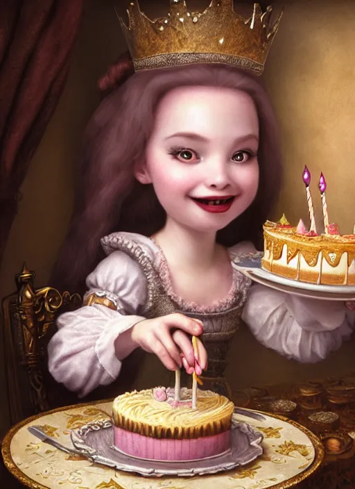 Image similar to highly detailed closeup portrait of a grinning fairytale medieval princess eating birthday cake, unreal engine, nicoletta ceccoli, mark ryden, lostfish, earl norem, global illumination, god rays, detailed and intricate environment