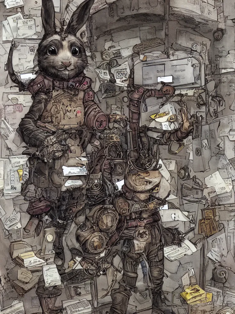 Image similar to a post - apocalyptic steampunk bunny rabbit in the post office trying to mail a package, high def, realistic, fine art, intricate, digital art