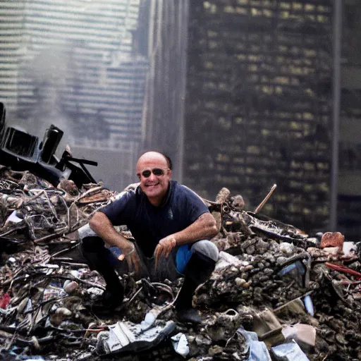 Prompt: a closeup a very drunk evil Rudy Giuliani squatting smiling wearing black thog underwaer while covering himself with rubble sensully on top of the world trade center rubble pile in new york