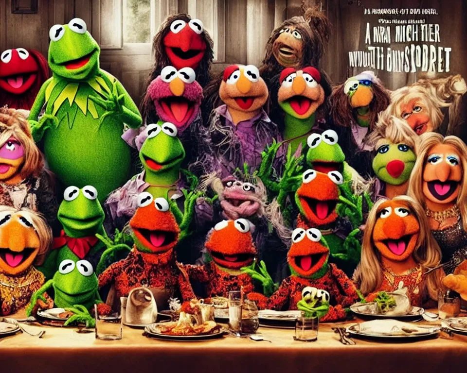 Image similar to A horror movie poster featuring muppets sitting at a dinner table