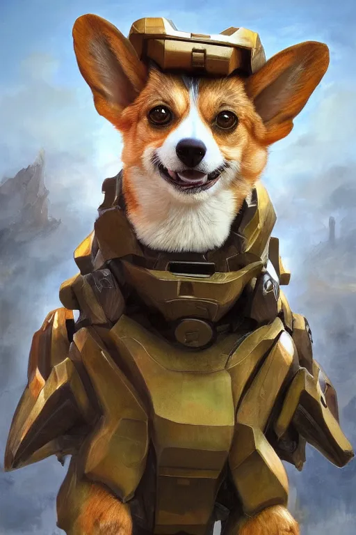 Image similar to master chief as a corgi, oil on canvas, intricate, portrait, 8 k highly professionally detailed, hdr, cgsociety