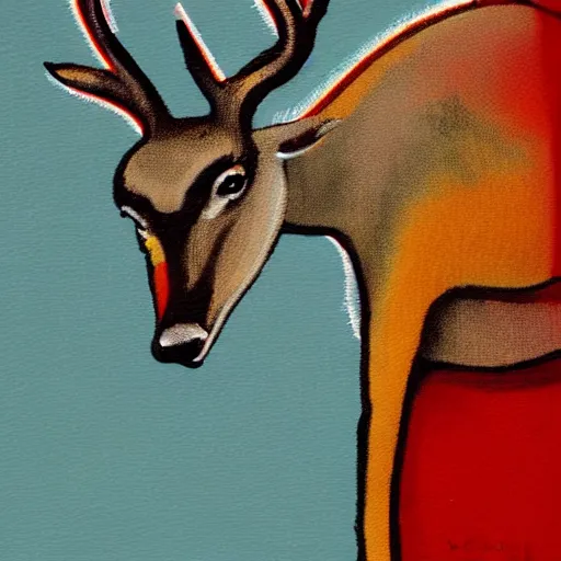 Prompt: deer smoking a cigarette, stylized, artistic, expressive, contrasting colors, rule of thirds, dripping paint, thick strokes