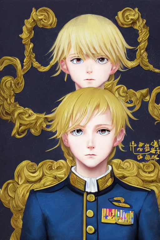 Image similar to baroque oil painting of key visual concept art, portrait of stern anime girl blonde hair blue eyes wearing formal military dress uniform saluting at a full honors military funeral, somber, rule of thirds golden ratio, fake detail, trending pixiv fanbox