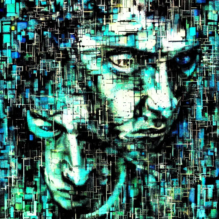 Image similar to portrait of a cyberpunk man, mysterious, glitch effects over the eyes, by Guy Denning, by Johannes Itten, by Russ Mills, glitch art, hacking effects, chromatic, cyberpunk, intricate detail, Blue and Green, color blocking, oil on canvas, concept art, abstract, trending on artstation, masterpiece