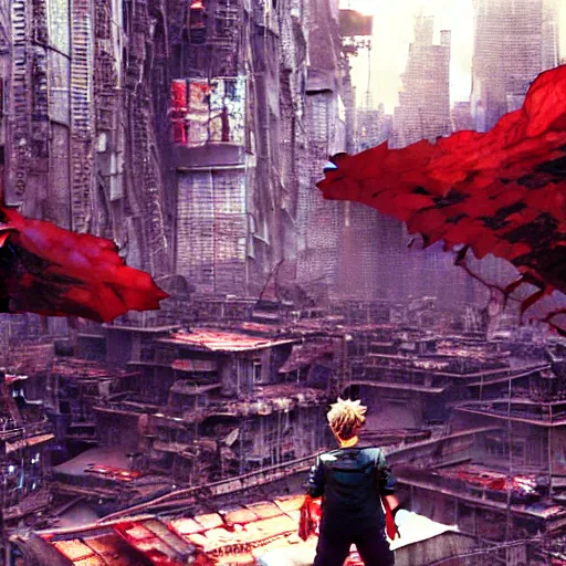 Prompt: tetsuo observing the ruins of neo - tokyo, red cape, akira | anime, matte painting, dystopian megacity neo - tokyo akira, shaded perfect, fine details. realistic shaded lighting anime manga artwork by katsuhiro otomo, akira, artgerm, jeremy lipkin and michael garmash and rob rey