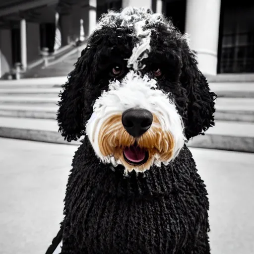 Image similar to a closeup photorealistic photograph of a cute smiling knitted bernedoodle judge dog dressed in a black gown, presiding over the courthouse. indoors, professional capture, well lit shot. this 4 k hd image is trending on artstation, featured on behance, well - rendered, extra crisp, features intricate detail, epic composition and the style of unreal engine.