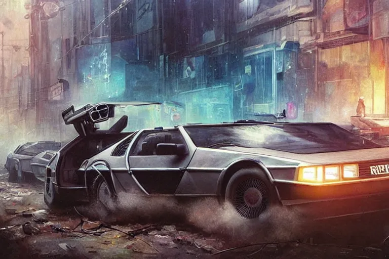 Image similar to photograph of the delorean driving down the streets of a cyberpunk abandoned city, by greg rutkowski, by stanley artgerm, by alphonse mucha