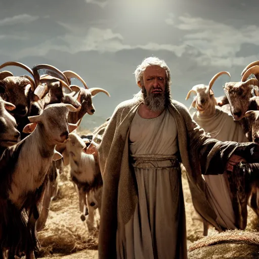 Prompt: Cinematic still portrait of ugly Mediterranean skinned man dressed in Biblical Shepherd Clothing with a flock of goats, Biblical epic film dramatic angles, directed by Steven Spielberg