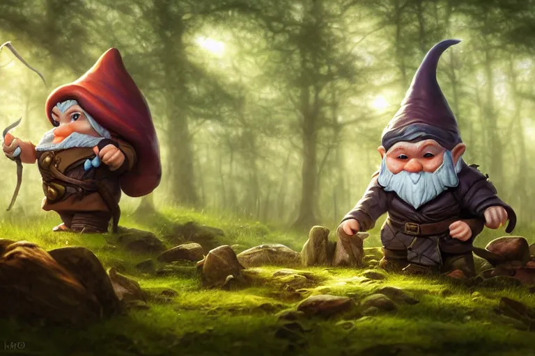 Prompt: legendary elegant gnome hold map and feel confuse in forest,, highly detailed, d & d, fantasy, highly detailed, digital painting, trending on artstation, concept art, sharp focus, illustration, global illumination, ray tracing, realistic shaded, art by artgerm and greg rutkowski and fuji choko and viktoria gavrilenko and hoang lap