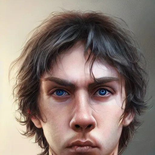 Image similar to a head - on portrait of a 2 0 - something engineering student, brown messy hair, by wayne barlowe and charlie bowater