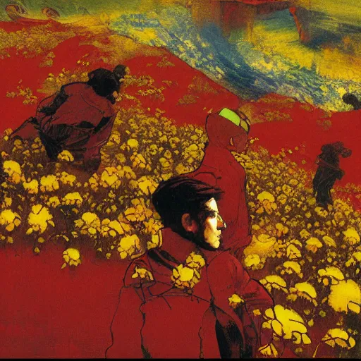 Image similar to 3 people in red desert drowning in a sea of yellow flowers, highly detailed, intricate, surreal, painting by Franz Marc, part by Yoji Shinkawa, part by Norman Rockwell