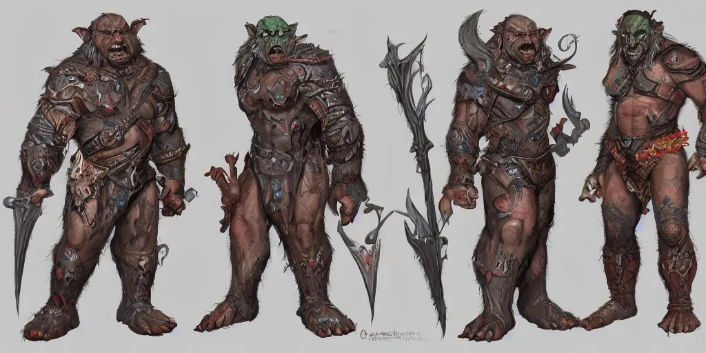 Image similar to different views of orcs, colourful intricate!! concept art by senior character artist, trending on artstation, full body character design