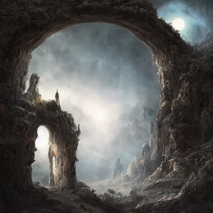 Image similar to gazing through a dark etherial stone archway to the void, pitch black night sky, quiet and serene atmosphere, intricate high detail matte painting masterpiece