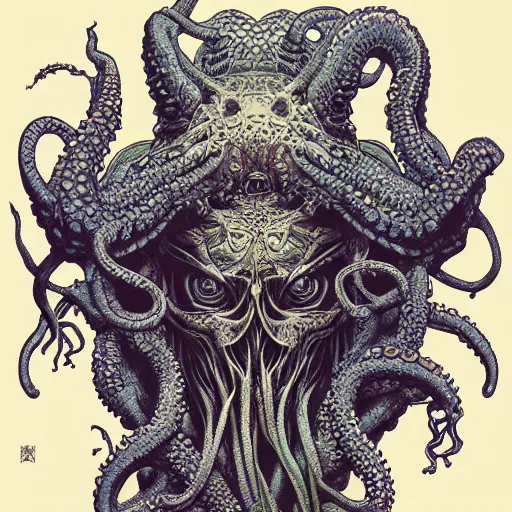 Image similar to portrait of cthulhu, symmetrical, by yoichi hatakenaka, masamune shirow, josan gonzales and dan mumford, ayami kojima, takato yamamoto, barclay shaw, karol bak, yukito kishiro