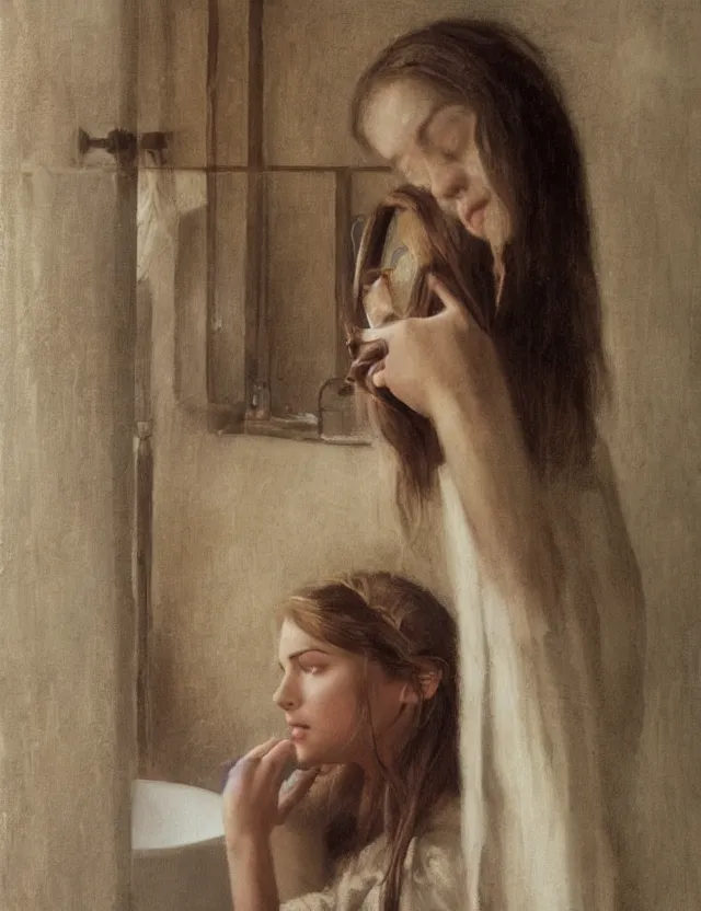 Image similar to portrait of peasant girl brushing her hair in a bathroom, Cinematic focus, Polaroid photo, vintage, neutral colors, soft lights, foggy, by Steve Hanks, by Serov Valentin, by lisa yuskavage, by Andrei Tarkovsky 8k render, detailed, oil on canvas