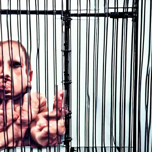 Prompt: a tiny man trapped in a cage in need of help