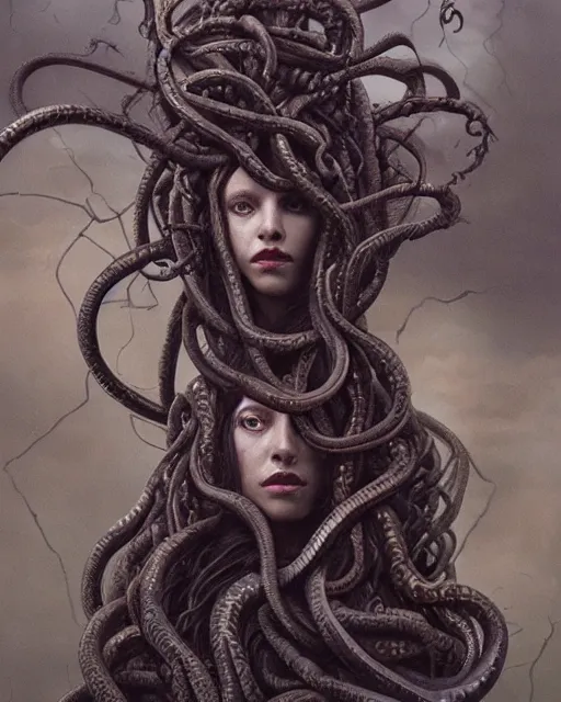 Image similar to beautiful insanely detailed color portrait of a dark and mysterious Medusa with all snake heads looking toward camera, in the style of Greg Rutkowski, 35mm, cinematic shot, photorealistic, hard light, depth of field