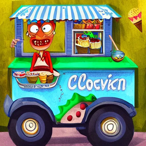 Image similar to crocodile man driving an ice cream cart, fantasy, digital art