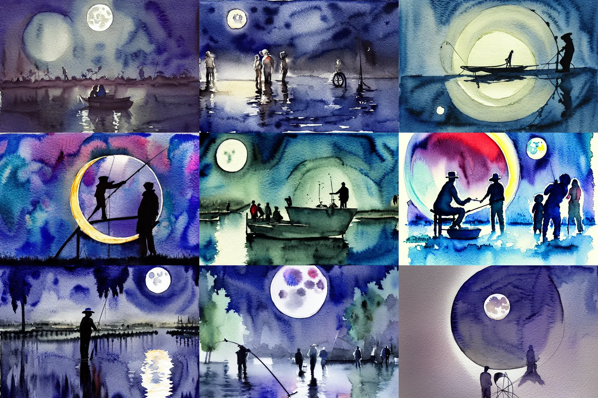 Prompt: People who fish an immaculate moon in a night circus setting, watercolor painting, glossy, glassy, Reflective, luminous, conceptual, dramatic lighting