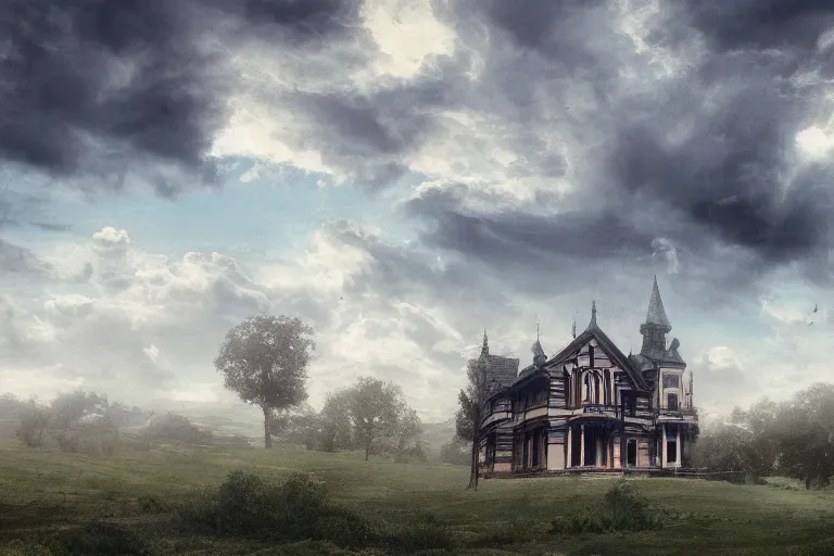 Image similar to Old Victorian architecture in a Victorian valley, dramatic sky, digital art, 4k, 8k, trending on ArtStation