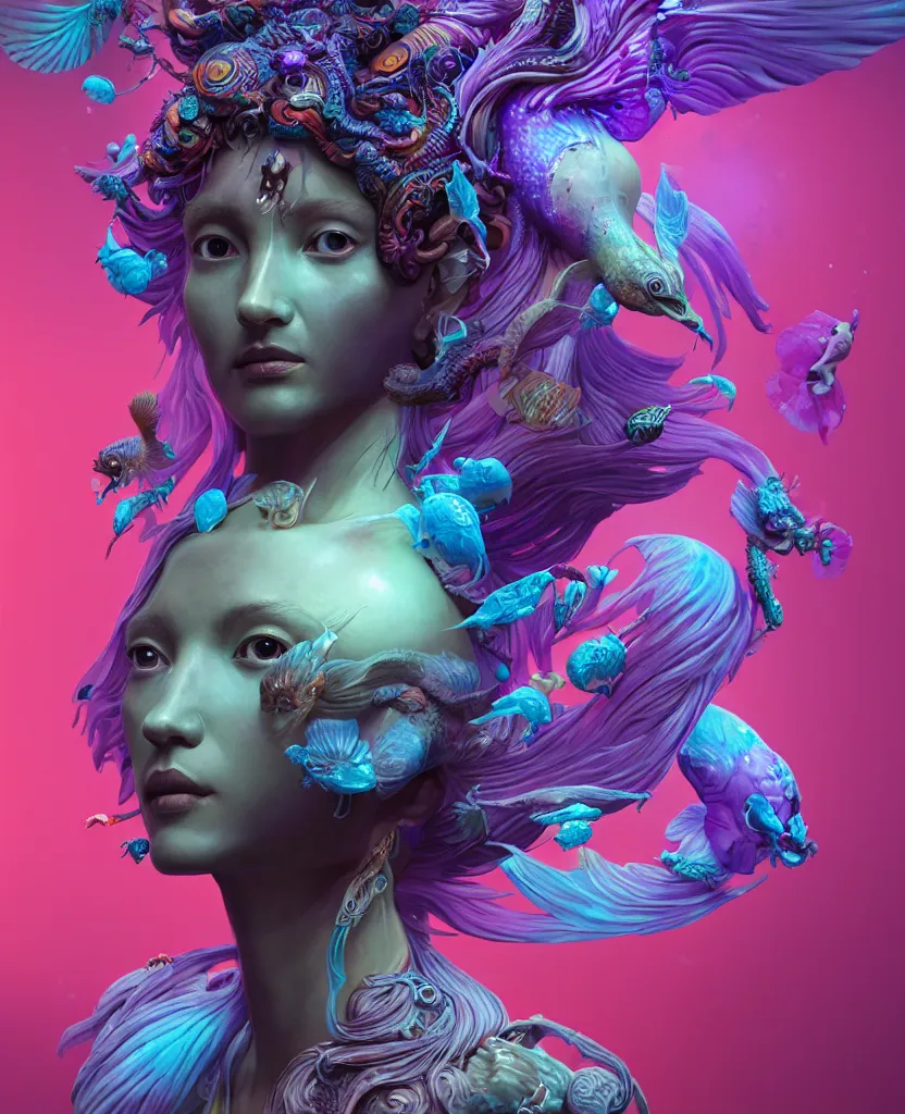 Image similar to goddess full color painted acryllic sculpture close-up portrait. orchid bird phoenix head, nautilus, skull, betta fish, bioluminiscent creatures, intricate artwork by Tooth Wu and wlop and beeple. octane render, trending on artstation, greg rutkowski very coherent symmetrical artwork. cinematic, hyper realism, high detail, octane render, 8k