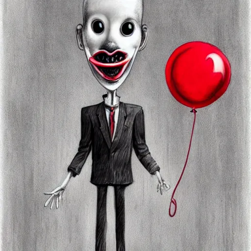 Prompt: surrealism grunge cartoon portrait sketch of slender man with a wide smile and a red balloon by - michael karcz, loony toons style, slender man style, horror theme, detailed, elegant, intricate