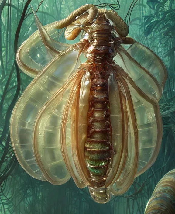 Image similar to intricate opulent transparent clear see - through portrait of a terrifying beautiful male human isopod sea slug, mottled coloring, adorable, childlike, overgrown retrofuturistic jungle environment, ultra realistic, concept art, art nouveau, photorealistic, octane render, 8 k, unreal engine. art by christopher marley and artgerm and greg rutkowski and alphonse mucha