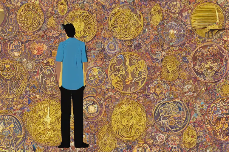 Prompt: man standing inside his own dreams by lina iris viktor, art nouveau, japanese golden decorations, 2 d flat digital illustration, opulent mosaics 4 k