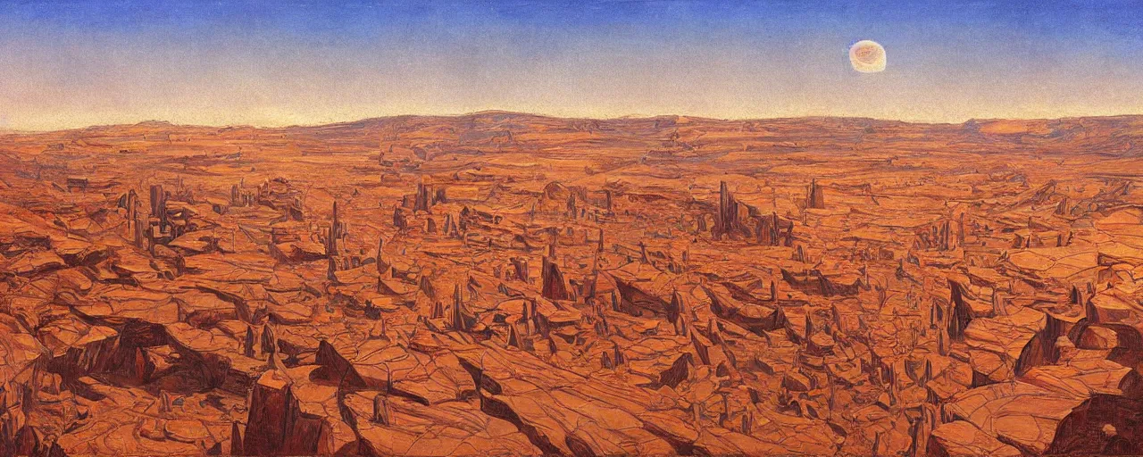 Prompt: A city on Mars, canyon, classic painting, award winning, highly detailed